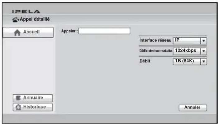 IPELA Appel détaillé Accueil Appeler : Interface réseau IP Débit brute de communicatier 1024kbps Débit 1B (64K) Annulaire Historique Annuler