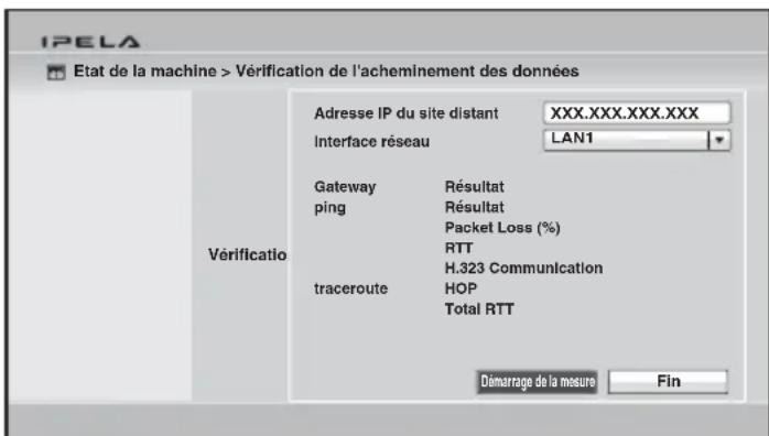 IPELA Etat de la machine > Vérification de l'acheminement des données Adresse IP du site distant XXX.XXX.XXX.XXX Interface réseau LAN1 Gateway Résultat ping Résultat Packet Loss (%) RTT H.323 Communication traceroute HOP Total RTT Démarrage de la mesure Fin Vérificatio