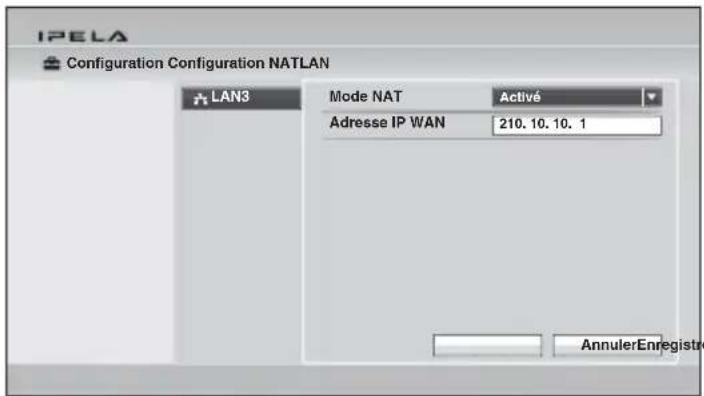 IPELA Configuration Configuration NATLAN LAN3 Mode NAT Activé Adresse IP WAN 210. 10. 10. 1 AnnulerEnregistre