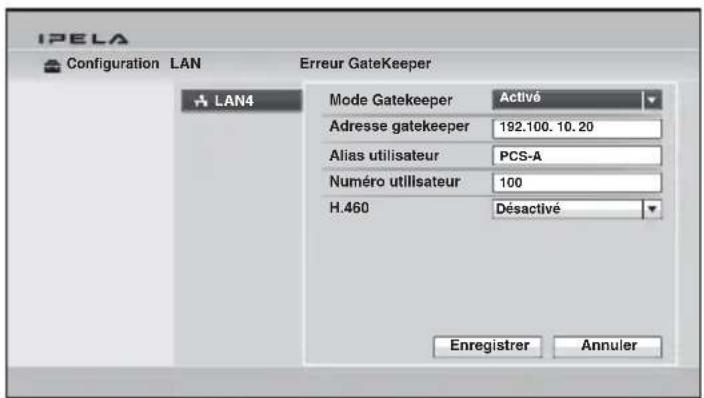 IPELA Configuration LAN Erreur GateKeeper LAN4 Mode Gatekeeper Activé Adresse gatekeeper 192.100. 10.20 Alias utilisateur PCS-A Numéro utilisateur 100 H.460 Désactivé Enregistrer Annuler