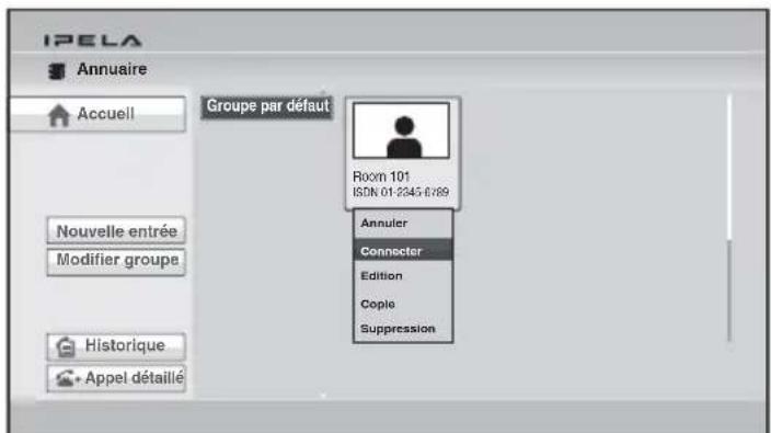 IPELA Annuaire Accuell Groupe par défaut Room 101 ISDN 01-2345-6789 Annuler Connector Edition Copie Suppression Nouvelle entrée Modifier groupe Historique Appel détaillé