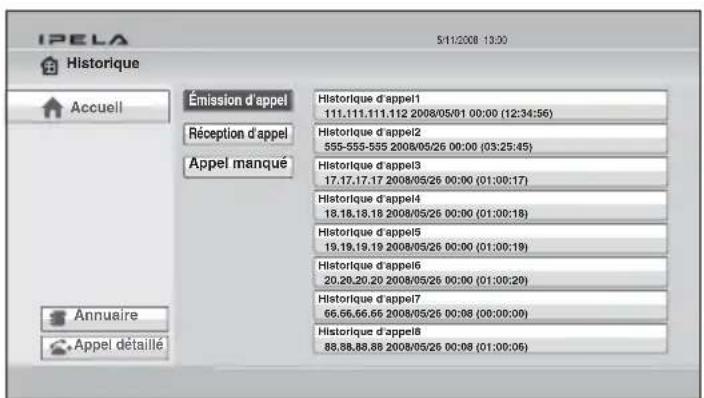 IPELA 5/11/2008 13:00 Historique Accueil Émission d'appel Réception d'appel Appel manqué Historique d'appel1 111.111.111.112 2008/05/01 00:00 (12:34:56) Historique d'appel2 555-555-555 2008/05/26 00:00 (03:25:45) Historique d'appel3 17.17.17.17 2008/05/26 00:00 (01:00:17) Historique d'appel4 18.18.18.18 2008/05/26 00:00 (01:00:18) Historique d'appel5 19.19.19.19 2008/05/26 00:00 (01:00:19) Historique d'appel6 20.20.20.20 2008/05/26 00:00 (01:00:20) Historique d'appel7 66.66.66.66 2008/05/26 00:08 (00:00:00) Historique d'appel8 88.88.88.88 2008/05/26 00:08 (01:00:06) Annuaire Appel détaillé