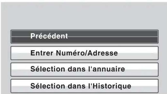 Précédent Entrer Numéro/Adresse Sélection dans l'annuaire Sélection dans l'Historique