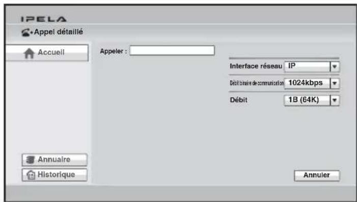 IPELA •Appel détaillé Accueil Appeler : Interface réseau IP Débit bilaire de communication 1024kbps Débit 1B (64K) Annuaire Historique Annuier