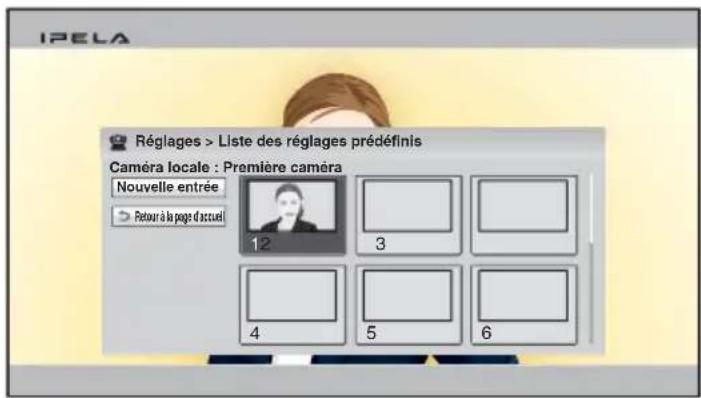 Réglages > Liste des réglages prédéfinis Caméra locale : Première caméra Nouvelle entrée 12 3 4 5 6