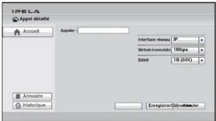 IPELA Appel détaillé Accueil Appeler : Interface réseau IP Débit bilirale de communication 1Mbps Débit 1B (64K) Annuaire Historique EnregistrerConnneAteuler
