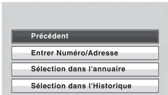Précédent Entrer Numéro/Adresse Sélection dans l'annuaire Sélection dans l'Historique