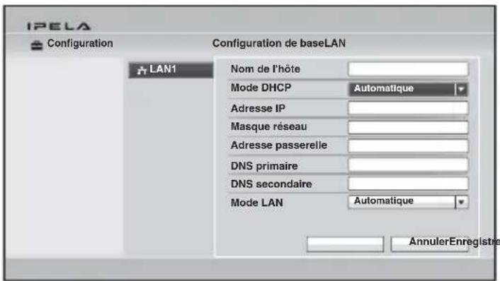 IPELA Configuration Configuration de baseLAN LAN1 Nom de l'hôte Mode DHCP Automatique Adresse IP Masque réseau Adresse passerelle DNS primaire DNS secondaire Mode LAN Automatique AnnulerEnregistre