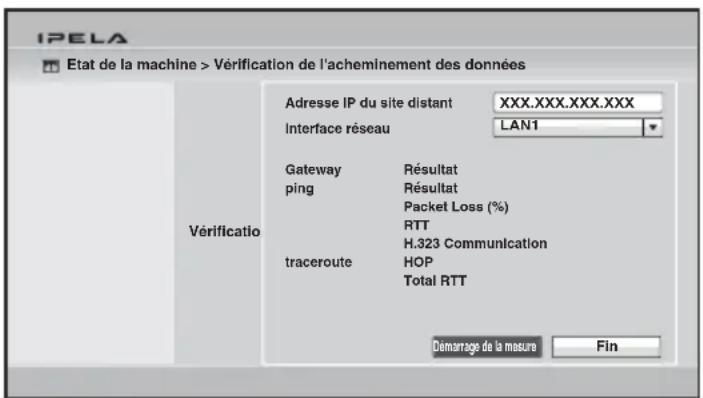 IPELA Etat de la machine > Vérification de l'acheminement des données Adresse IP du site distant XXX.XXX.XXX.XXX Interface réseau LAN1 Gateway Résultat ping Résultat Packet Loss (%) RTT H.323 Communication traceroute HOP Total RTT Demarrage de la mesure Fin Vérificatio
