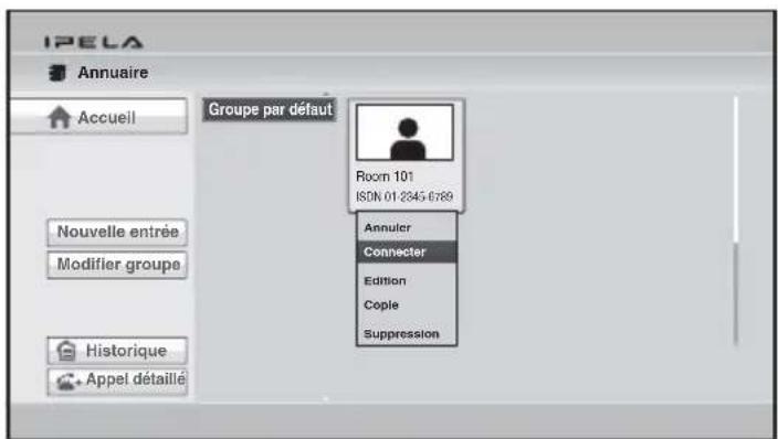 IPELA Annuaire Accueil Groupe par défaut Room 101 ISDN.01.2845-6789 Annulcr Connector Edition Cople Suppression Nouvelle entrée Modifier groupe Historique Appel détaillé