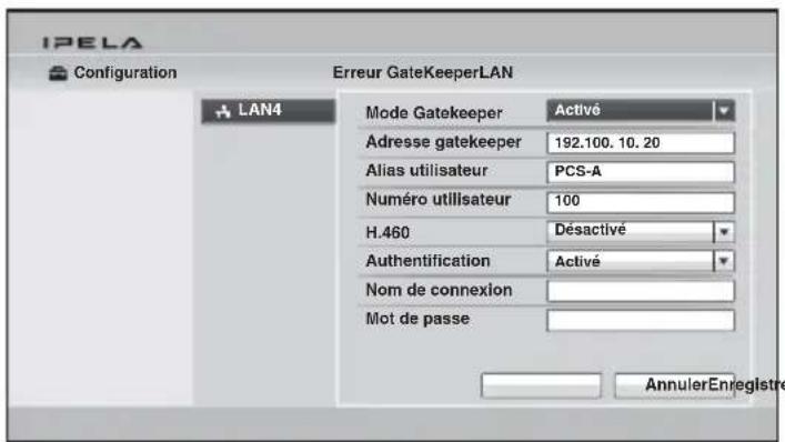 IPELA Configuration Erreur GateKeeperLAN LAN4 Mode Gatekeeper Activé Adresse gatekeeper 192.100. 10. 20 Alias utilisateur PCS-A Numéro utilisateur 100 H.460 Désactivé Authentication Activé Nom de connexion Mot de passe AnnulerEnregistre