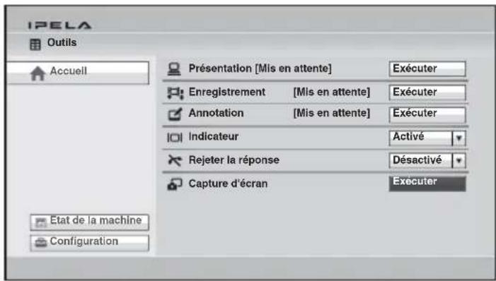 IPELA Outils Accueil Présentation [Mis en attente] Exécuter Enregistrement [Mis en attente] Exécuter Annotation [Mis en attente] Exécuter Indicateur Activé Rejeter la réponse Désactivé Capture d'écran Executer Etat de la machine Configuration
