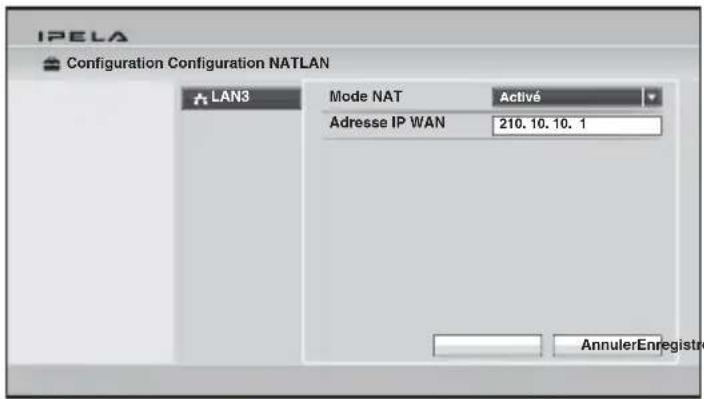 IPELA Configuration Configuration NATLAN LAN3 Mode NAT Activé Adresse IP WAN 210. 10. 10. 1 AnnulerEnregistre
