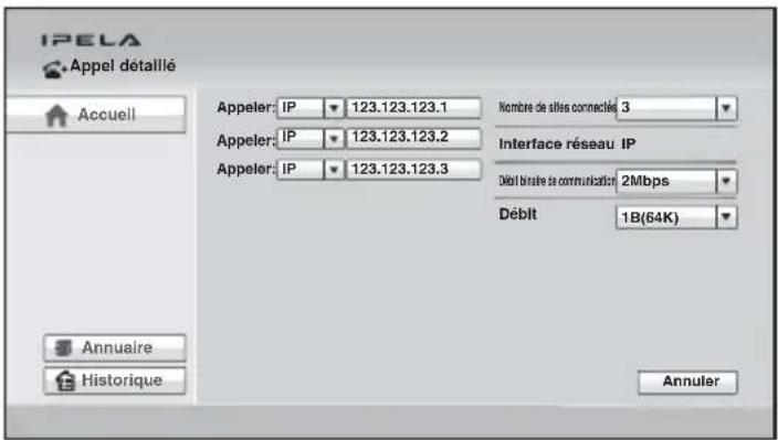IPELA Appel détaillé Accueil Appeler: IP 123.123.123.1 Nombre de sits connectés 3 Appeler: IP 123.123.123.2 Interface réseau IP Appeler: IP 123.123.123.3 Débit bilraire de communication 2Mbps Débit 1B(64K) Annuaire Historique Annuler