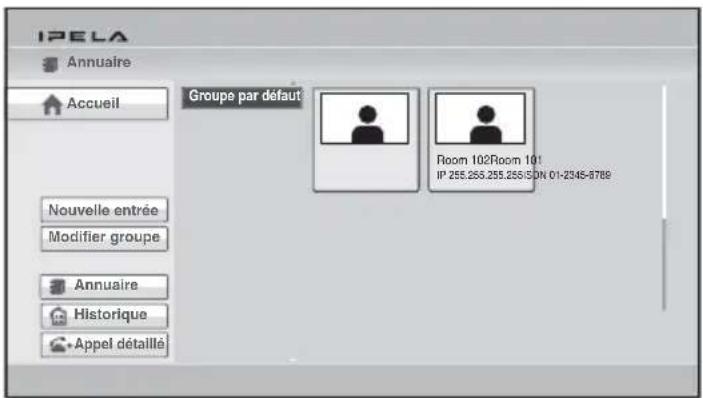 IPELA Annuaire Accueil Groupe par défaut Room 102Room 101 IP 255.255.255.255/SON 01-2345-8789 Nouvelle entrée Modifier groupe Annuaire Historique Appel détaillé