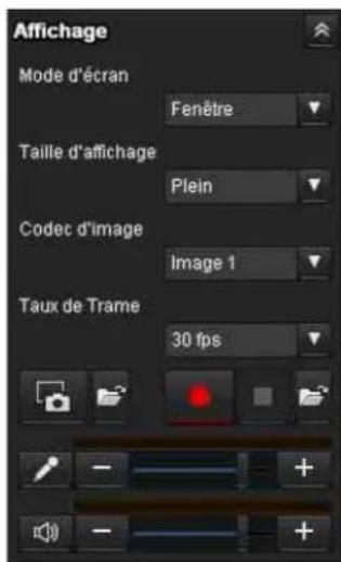 Affichage Mode d'écran Fenêtre Taille d'affichage Plein Codec d'image Image 1 Taux de Trame 30 fps