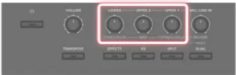 VOLUME LOWER UPPER 2 UPPER 1 MIC/LING IN TIME COLOR MIX CHROM/CELE REVOR TRANPOSE EFFECTS SO SPLIT DUAL