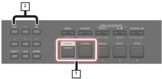 2 DEC A MC MENU FONORTE SONG/METRONOM SELECT 2/8 SPEAKER ON [SHIFT] [EXP-TOUCH] [MCC/LINE] [DEMO] [PANEL_LOCK] PANO E.PANO ORGAN SYNTH OTHER 1 2 3 4
