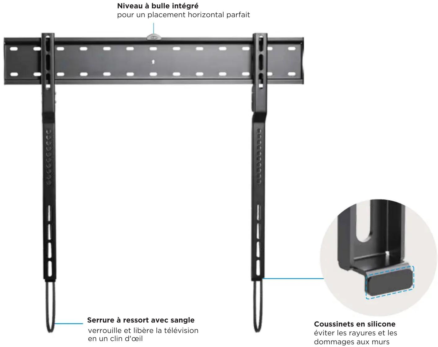 Niveau à bulle intégré pour un placement horizontal parfait Serrure à ressort avec sangle verrouille et libère la télévision en un clin d'œil Coussinets en silicone éviter les rayures et les dommages aux murs