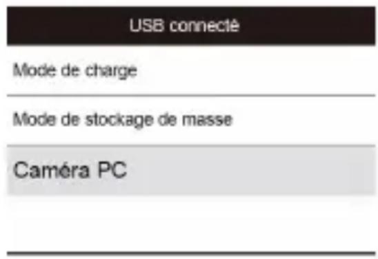 USB connecté Mode de charge Mode de stockage de masse Caméra PC
