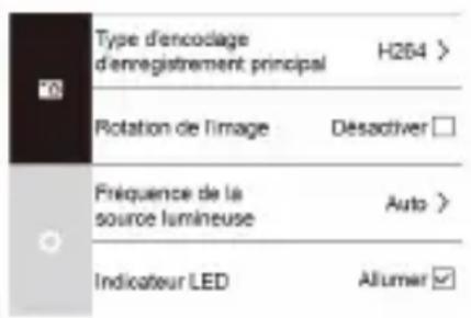 Type d'encodage d'enregistrement principal H264 > Rotation de l'image Désactiver □ Préquence de la source lumineuse Auto > Indicateur LED Allumar √