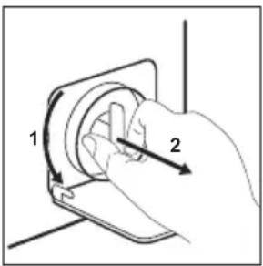 Diagram showing a hand holding a device with labeled parts 1 and 2, indicating a mechanical or electrical component.