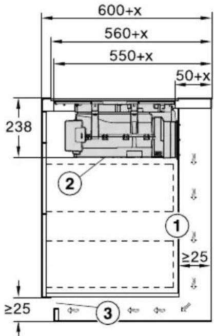 600+x 560+x 550+x 50+x 238 ② ① ≥25 ≥25 ③