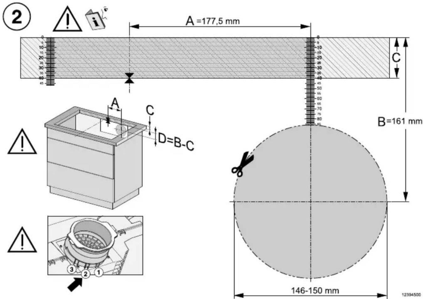 ② A =177,5 mm B=161 mm 146-150 mm 12394500
