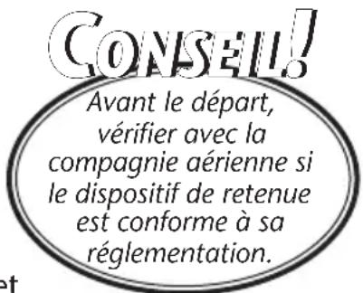 CONSEIL! Avant le départ, vérifier avec la compagnie aérienne si le dispositif de retenue est conforme à sa réglementation.