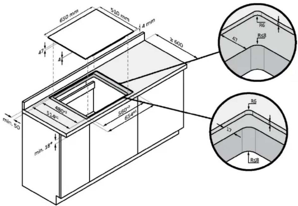 650 mm 510 mm 4 mm ≥ 600 47 4 480*2 514*2 560*2 654*2 min. 50 min. 18* R6 47 R≤8 R6 1> R≤8