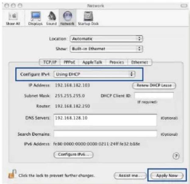 Network Show All Displays Sound Network Startup Disk Location:Automatic Show:Built-in Ethernet TCP/IP PPPoE AppleTalk Proxies Ethernet Configure IPv4:Using DHCP IP Address:192.168.182.103 Renew DHCP Lease Subnet Mask:255.255.255.0 DHCP Client ID: Router:192.168.182.250 (if required) DNS Servers:192.168.128.10 (Optional) Search Domains: (Optional) IPv6 Address:fe80:0000:0000:0000:0211-24ff:fe32:b18e Configure IPv6... Click the lock to prevent further changes. Assist me... Apply Now