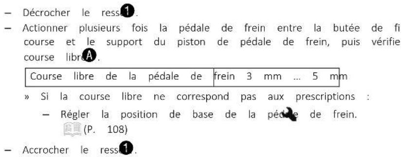 — Décrocher le ress. — Actionner plusieurs fois la pédale de frein entre la butée de fi course et le support du piston de pédale de frein, puis vérifie course libre. Course libre de la pédale de frein 3 mm ... 5 mm » Si la course libre ne correspond pas aux prescriptions : — Régler la position de base de la pédale de frein. (P. 108) — Accrocher le ress.