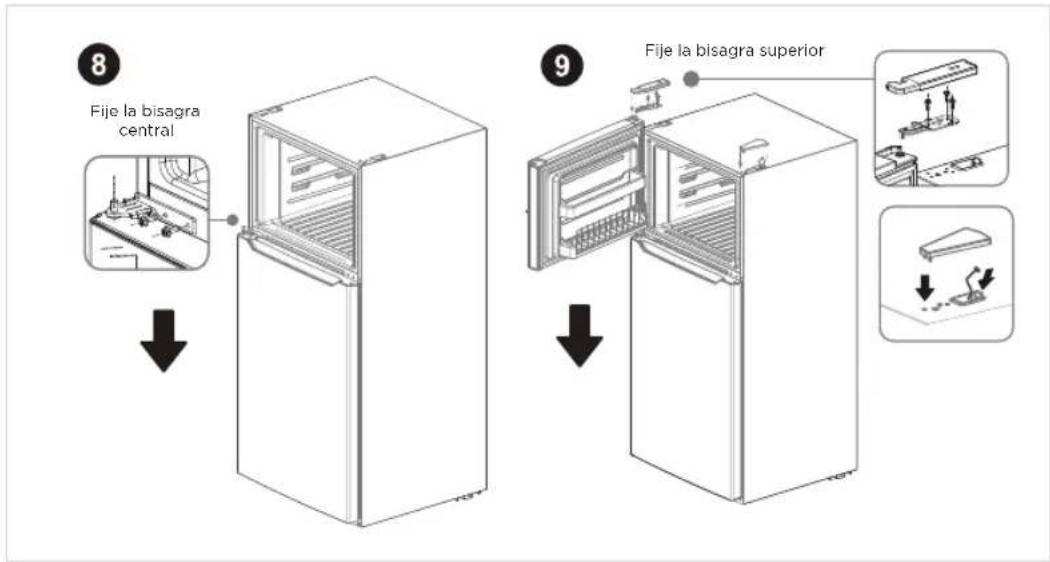 8 Fije la bisagra central 9 Fije la bisagra superior