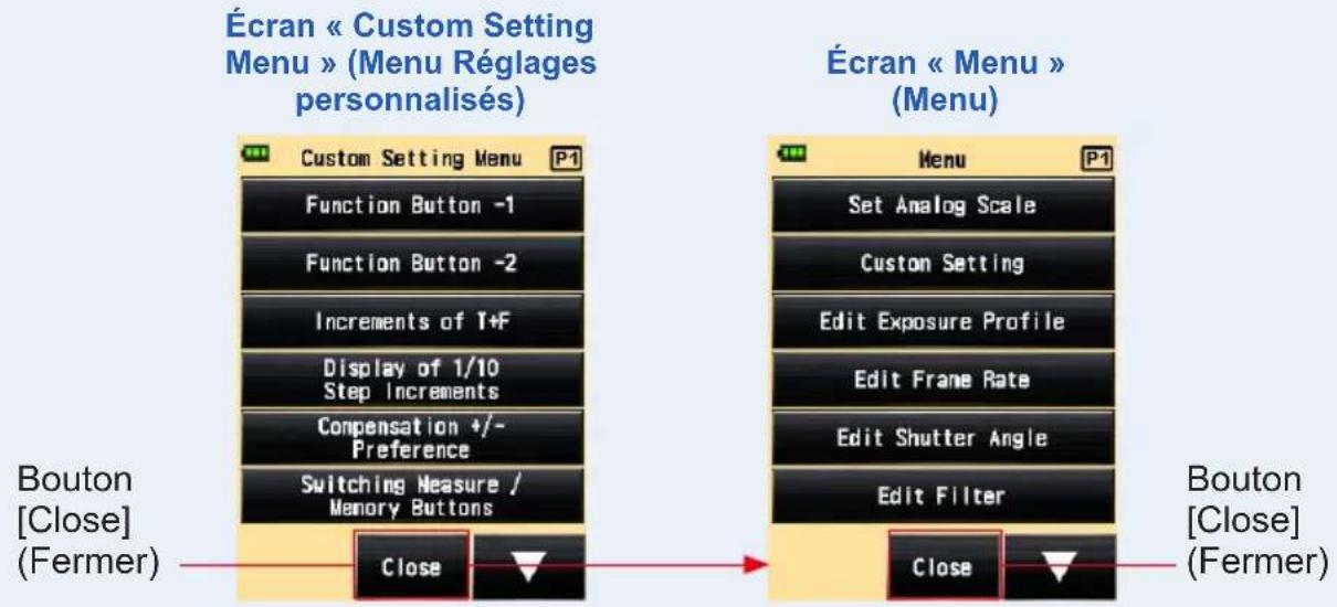 Écran « Custom Setting Menu » (Menu Régages personnalisés) Custom Setting Menu P1 Function Button -1 Function Button -2 Increments of 1+F Display of 1/10 Step Increments Compensation +/- Preference Switching Measure / Memory Buttons Close Bouton [Close] (Fermer) Écran « Menu » (Menu) Set Analog Scale Custom Setting Edit Exposure Profile Edit Frame Rate Edit Shutter Angle Edit Filter Close Bouton [Close] (Fermer)