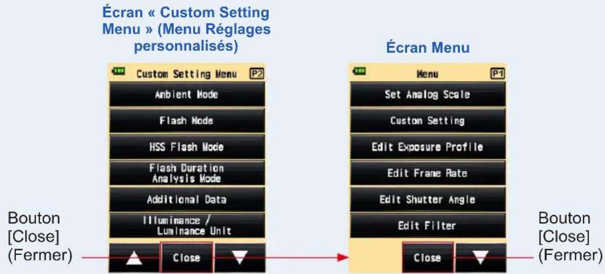 Écran « Custom Setting Menu » (Menu Régages personnalisés) Custom Setting Menu P2 Ambient Mode Flash Mode HSS Flash Mode Flash Duration Analysis Mode Additional Data Illuminance / Luminance Unit Close Écran Menu Menu P1 Set Analog Scale Custom Setting Edit Exposure Profile Edit Frame Rate Edit Shutter Angle Edit Filter Close Bouton [Close] (Fermer) Bouton [Close] (Fermer)