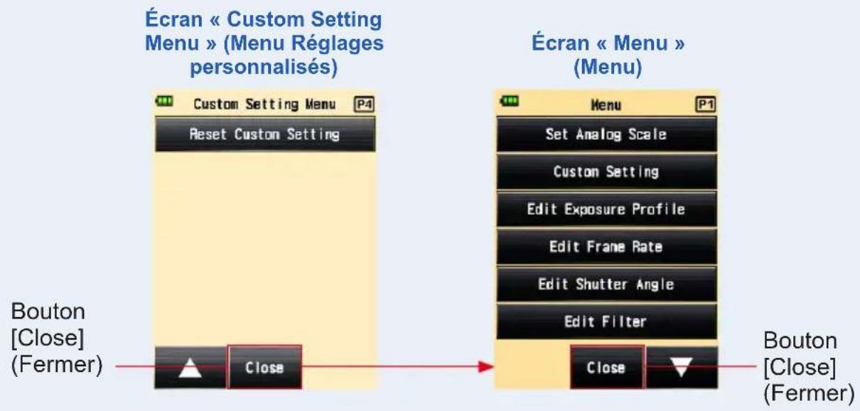 Écran « Custom Setting Menu » (Menu Réglages personnalisés) Custom Setting Menu P4 Reset Custom Setting Bouton [Close] (Fermer) Close Écran « Menu » Menu P1 Set Analog Scale Custom Setting Edit Exposure Profile Edit Frame Rate Edit Shutter Angle Edit Filter Close Close Bouton [Close] (Fermer)