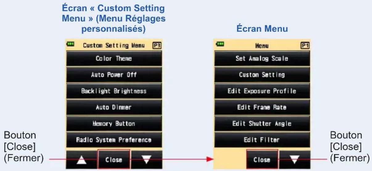 Écran « Custom Setting Menu » (Menu Réglages personnalisés) Custom Setting Menu P3 Color Theme Auto Power Off Backlight Brightness Auto Dinner Memory Button Radio System Preference Bouton [Close] (Fermer) Close Écran Menu Menu P1 Set Analog Scale Custom Setting Edit Exposure Profile Edit Frame Rate Edit Shutter Angle Edit Filter Close Bouton [Close] (Fermer)