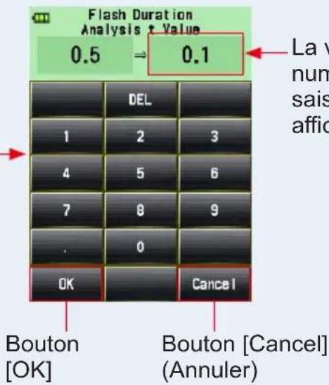 Flash Duration Analysis t Value 0.5 ⇒ 0.1 La v num sais affic DEL 1 2 3 4 5 6 7 8 9 . 0 OK Cancel Bouton [OK] Bouton [Cancel] (Annuler)