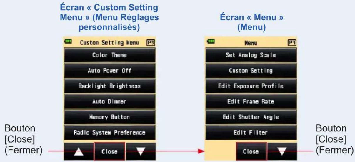 Écran « Custom Setting Menu » (Menu Réglages personnalisés) Custom Setting Menu P3 Color Theme Auto Power Off Backlight Brightness Auto Dinner Memory Button Radio System Preference Bouton [Close] (Fermer) Close Écran « Menu » (Menu) Set Analog Scale Custom Setting Edit Exposure Profile Edit Frame Rate Edit Shutter Angle Edit Filter Bouton [Close] (Fermer) Close Close