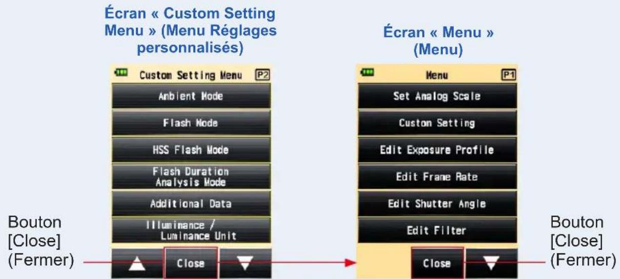 Écran « Custom Setting Menu » (Menu Régages personnalisés) Custom Setting Menu P2 Ambient Mode Flash Mode HSS Flash Mode Flash Duration Analysis Mode Additional Data Illuminance / Luminance Unit Close Écran « Menu » (Menu) Set Analog Scale Custom Setting Edit Exposure Profile Edit Frame Rate Edit Shutter Angle Edit Filter Close Bouton [Close] (Fermer) Bouton [Close] (Fermer)