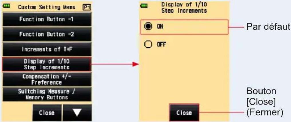 Custom Setting Menu Function Button -1 Function Button -2 Increments of T+F Display of 1/10 Step Increments Compensation +/- Preference Switching Measure / Memory Buttons Close Display of 1/10 Step Increments ON OFF Par défaut Bouton [Close] (Fermer) Close