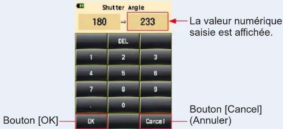 Shutter Angle 180 ⇒ 233 La valeur numérique saisie est affichée. DEL 1 2 3 4 5 6 7 8 9 . 0 Bouton [OK] OK Cancel Bouton [Cancel] (Annuler)