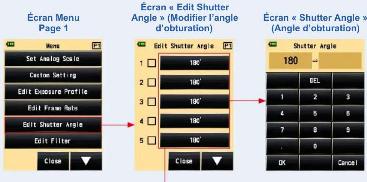 Écran Menu Page 1 Écran « Edit Shutter Angle » (Modifier l'angle d'obturation) Edit Shutter Angle 1 180° 2 180° 3 180° 4 180° 5 180° Edit Shutter Angle Close Close Cancel Écran « Shutter Angle » Angle d'obturation Shutter Angle 180 ⇒ DEL 1 2 3 4 5 6 7 8 9 . 0 OK Cancel