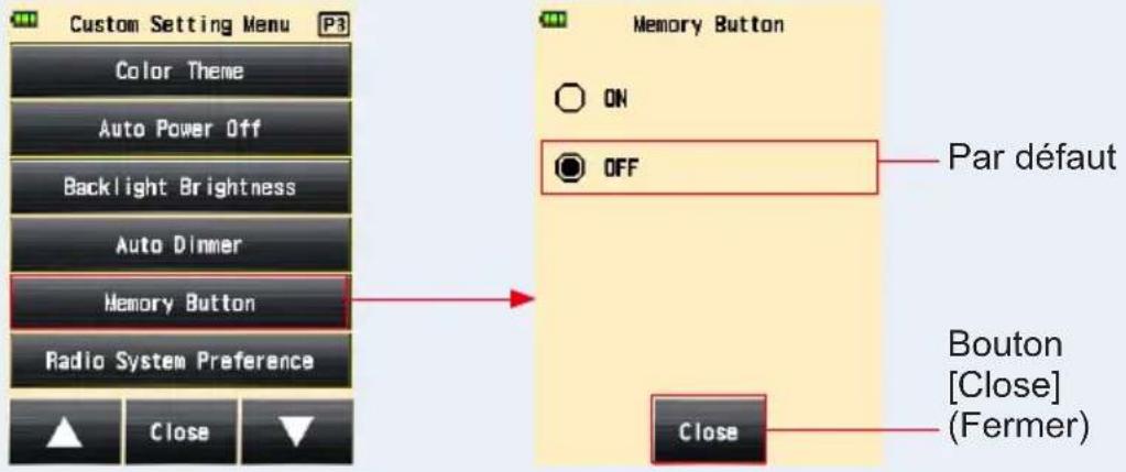 Custom Setting Menu Color Theme Auto Power Off Backlight Brightness Auto Dinner Memory Button Radio System Preference Close Memory Button ON OFF Par défaut Bouton [Close] (Fermer) Close