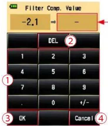 Filter Comp. Value -2.1 ⇒ - DEL ② 1 2 3 4 5 6 7 8 9 . 0 +/- ③ OK Cancel ④