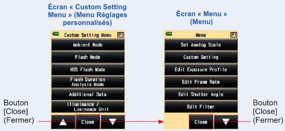 Écran « Custom Setting Menu » (Menu Réglages personnalisés) Custom Setting Menu P2 Ambient Mode Flash Mode HSS Flash Mode Flash Duration Analysis Mode Additional Data Illuminance / Luminance Unit Bouton [Close] (Fermer) Close Écran « Menu » (Menu) Set Analog Scale Custom Setting Edit Exposure Profile Edit Frame Rate Edit Shutter Angle Edit Filter Close Bouton [Close] (Fermer)