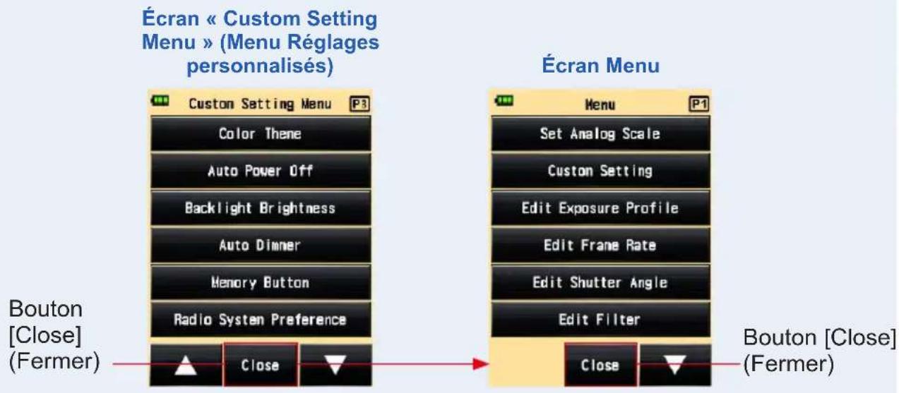 Écran « Custom Setting Menu » (Menu Régages personnalisés) Custom Setting Menu P3 Color Thene Auto Power Off Backlight Brightness Auto Dinner Memory Button Radio System Preference Bouton [Close] (Fermer) Close Écran Menu Menu P1 Set Analog Scale Custom Setting Edit Exposure Profile Edit Frame Rate Edit Shutter Angle Edit Filter Close Bouton [Close] (Fermer)