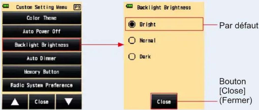 Custom Setting Menu Color Theme Auto Power Off Backlight Brightness Auto Dinner Memory Button Radio System Preference ▲ Close ▼ Backlight Brightness Bright Normal Dark Par défaut Bouton [Close] (Fermer) Close