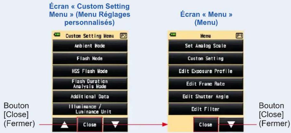 Écran « Custom Setting Menu » (Menu Réglages personnalisés) Custom Setting Menu P2 Ambient Mode Flash Mode HSS Flash Mode Flash Duration Analysis Mode Additional Data Illuminance / Luminance Unit Close Écran « Menu » (Menu) Set Analog Scale Custom Setting Edit Exposure Profile Edit Frame Rate Edit Shutter Angle Edit Filter Close Bouton [Close] (Fermer) Bouton [Close] (Fermer)