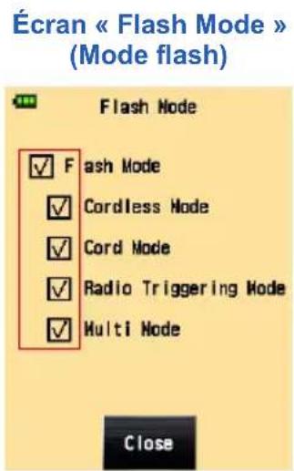 Écran « Flash Mode » (Mode flash) Flash Mode ✓ Flash Mode ✓ Cordless Mode ✓ Cord Mode ✓ Radio Triggering Mode ✓ Multi Mode Close